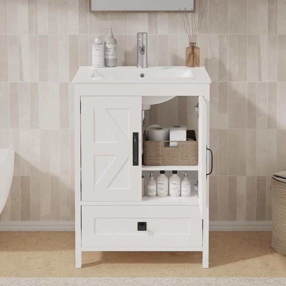 KIGOTY 24" Modern Bathroom Vanity with Ceramic Basin, Free Standing Bathroom Storage Cabinet with with 2 Soft-Closing Doors and 1 Drawer, White