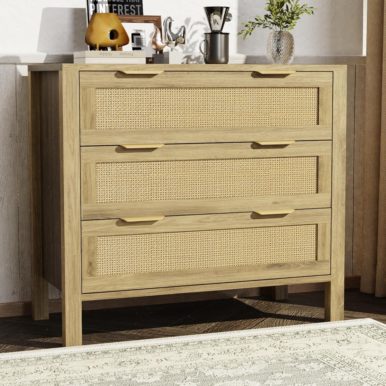 KIGOTY 3 Drawer Rattan Dressers Tall, Modern Wooden Closet Dressers ...