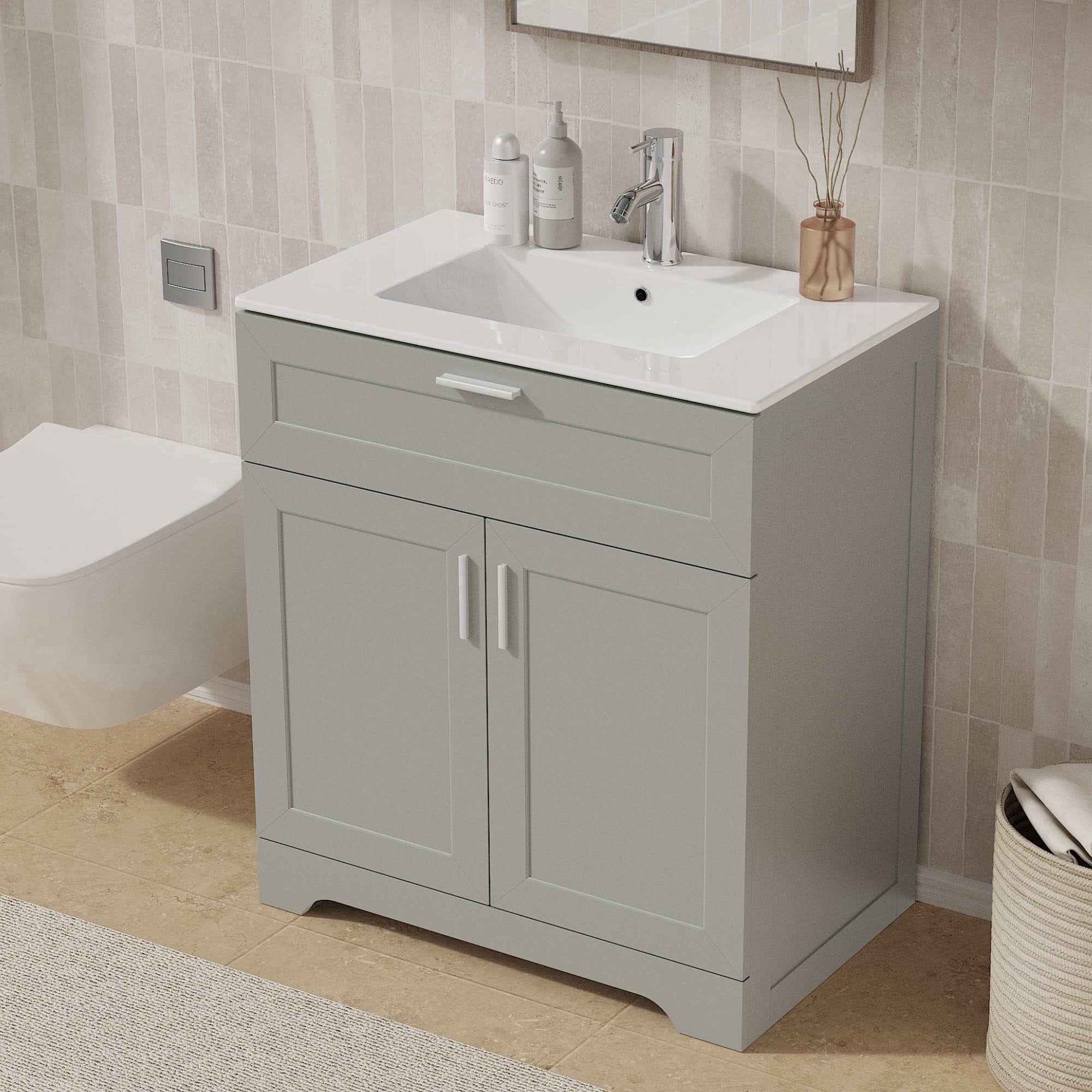 KIGOTY 30" Modern Bathroom Vanity with Ceramic Basin, Free Standing Bathroom Storage Cabinet with with 2 Soft-Closing Doors and 1 Drawer, Gray