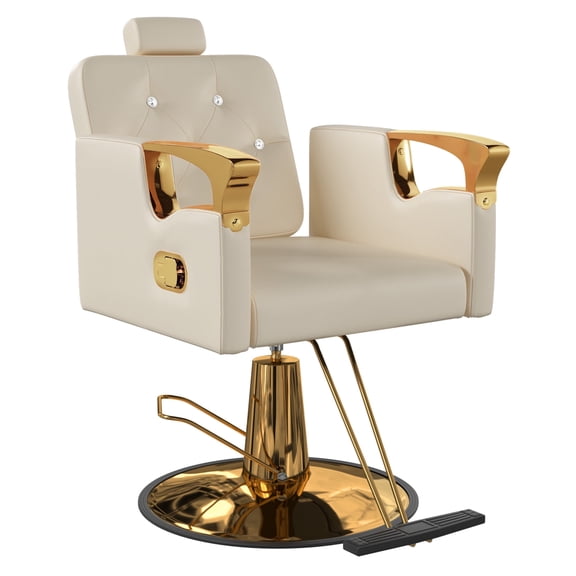 KIGOTY 360° Swivel Barber Chair, Reclining Salon Chair for Barbershop, Height Adjustable Hair Chairs, All Purpose Styling Chair with Hydraulic Pump, Spa Equipment, Beige Gold