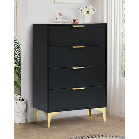 KIGOTY 4 Drawer Dresser for Bedroom, Modern Tall Dresser Storage Cabinet, Wood Chest of Drawers, Bedroom Dressers, Storage Organizer Unit for Living Room, Hallway, Entryway (Black-Gold)
