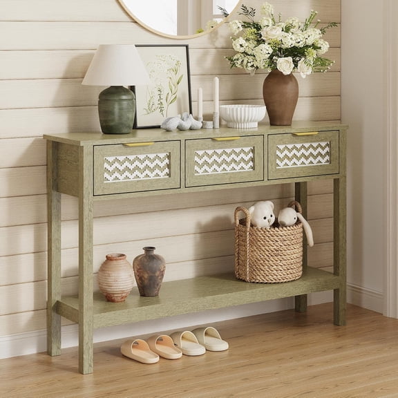 KIGOTY 47" Wood Entryway Table Narrow Console Table with Storage Behind Couch Sofa Table with Drawers, 2-Tier Fluted Entrance Sofa Tables with Outlets for Hallway (Grey)