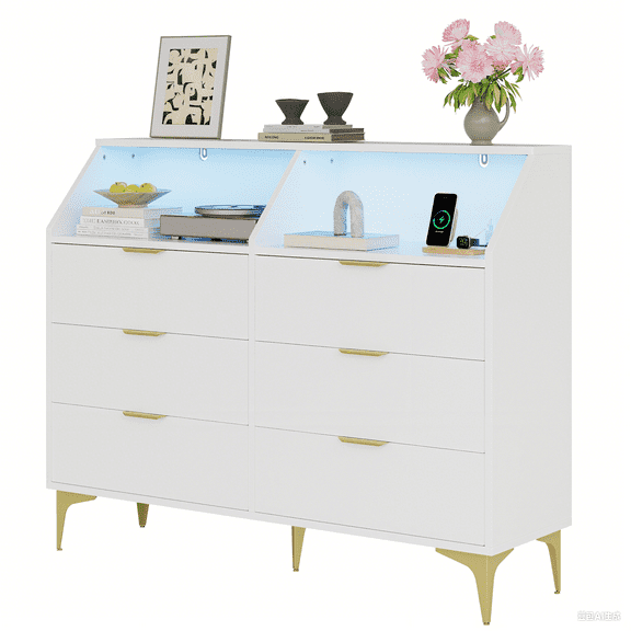 KIGOTY 6 Drawer Dresser with Charging Station & LED Lights,Modern Large Capacity Storage Cabinet with Open Space, Living Room, Hallway(White)