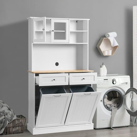 KIGOTY 67.7" Bathroom Storage Cabinet Wooden Cabinet Kitchen Cupboard with Two Solid Wood Hidden Drawers,Shelves and Doors(White)