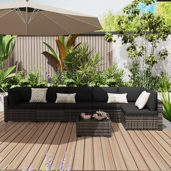 KIGOTY 7 Piece Outdoor Patio Furniture, Wicker Rattan Outdoor Conversation Set Sectional Sofas for Backyard, Garden, Beige-Black
