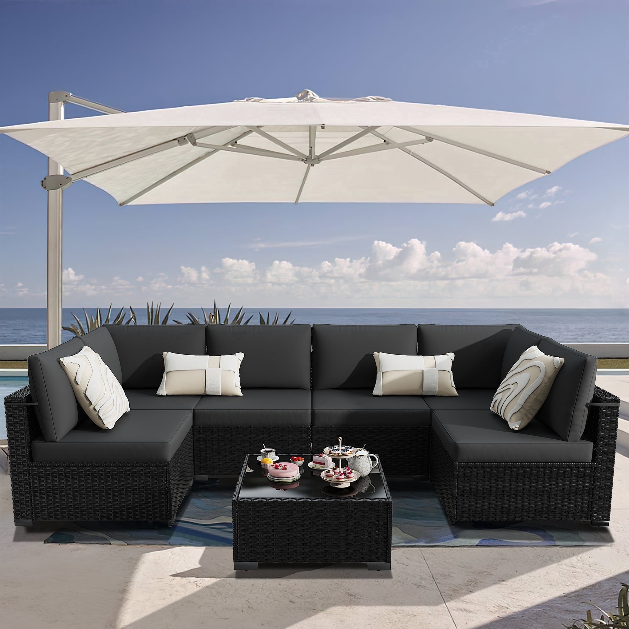 KIGOTY 7 Piece Outdoor Patio Furniture, Wicker Rattan Outdoor Conversation Set Sectional Sofas for Backyard, Garden, Black-Black