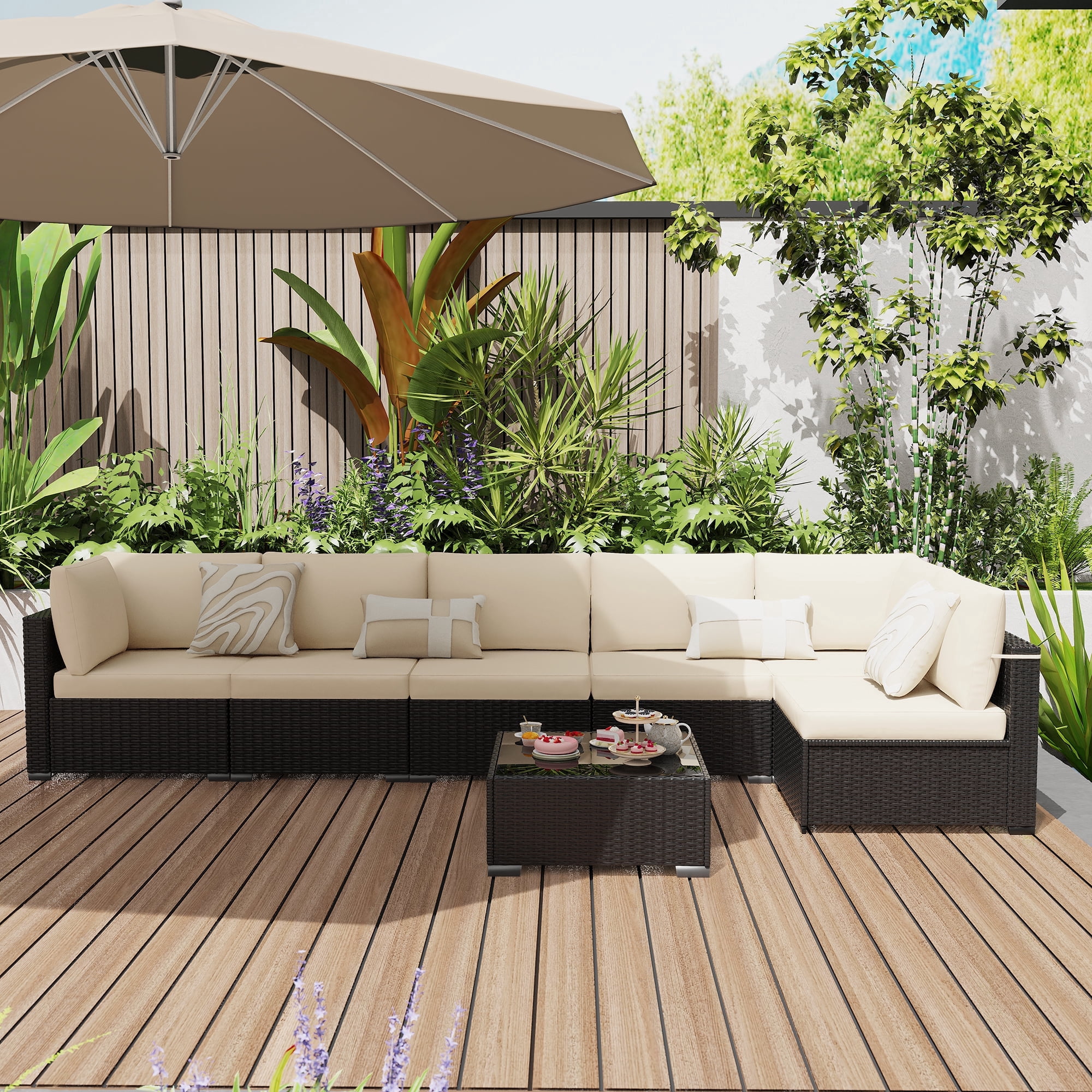 KIGOTY 7 Piece Outdoor Patio Furniture, Wicker Rattan Outdoor Conversation Set Sectional Sofas for Backyard, Garden, Black-White