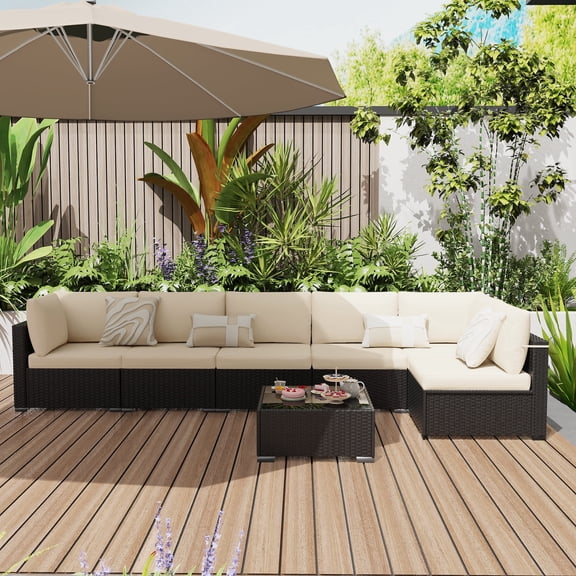KIGOTY 7 Piece Outdoor Patio Furniture, Wicker Rattan Outdoor Conversation Set Sectional Sofas for Backyard, Garden, Black-White