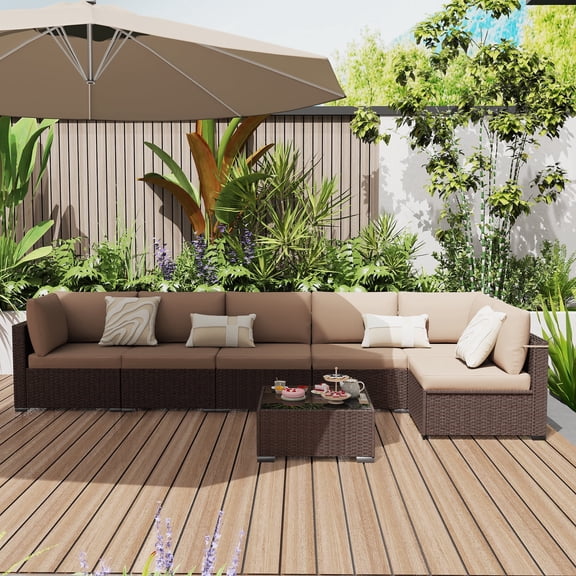KIGOTY 7 Piece Outdoor Patio Furniture, Wicker Rattan Outdoor Conversation Set Sectional Sofas for Backyard, Garden, Brown-Camel