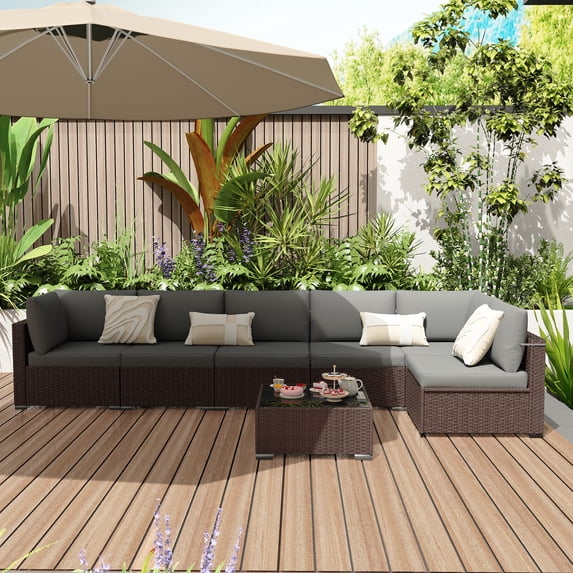 KIGOTY 7 Piece Outdoor Patio Furniture, Wicker Rattan Outdoor Conversation Set Sectional Sofas for Backyard, Garden, Brown-Gray