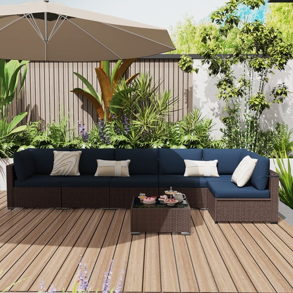 KIGOTY 7 Piece Outdoor Patio Furniture, Wicker Rattan Outdoor Conversation Set Sectional Sofas for Backyard, Garden, Brown-Navy Blue