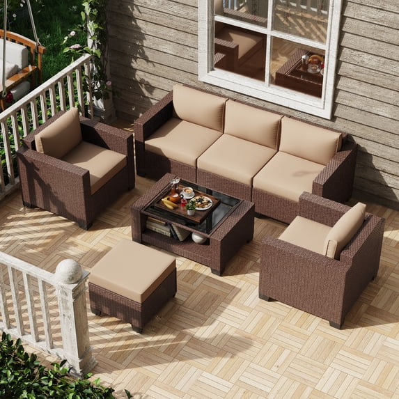 KIGOTY 7 Piece Outdoor Patio Furniture, Wicker Rattan Outdoor Conversation Set Sectional Sofas for Backyard, Garden, Brown Rattan-Camel