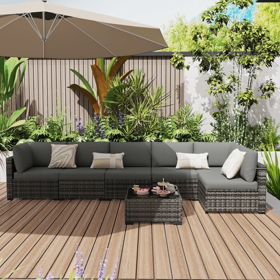 KIGOTY 7 Piece Outdoor Patio Furniture, Wicker Rattan Outdoor Conversation Set Sectional Sofas for Backyard, Garden, Gray-Gray