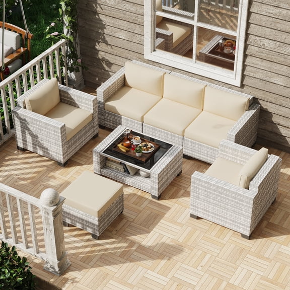 KIGOTY 7 Piece Outdoor Patio Furniture, Wicker Rattan Outdoor Conversation Set Sectional Sofas for Backyard, Garden, Gray-White Rattan- Beige