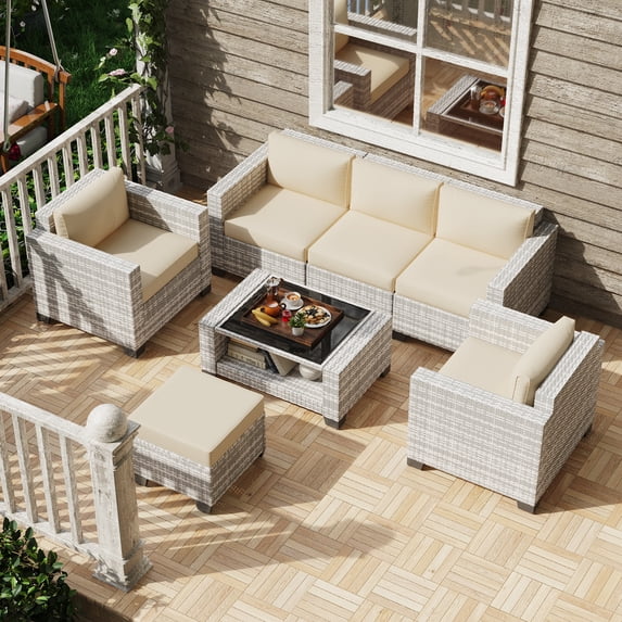 KIGOTY 7 Piece Outdoor Patio Furniture, Wicker Rattan Outdoor Conversation Set Sectional Sofas for Backyard, Garden, Gray-White Rattan- Beige