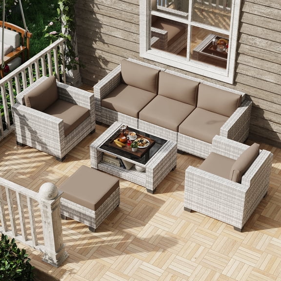 KIGOTY 7 Piece Outdoor Patio Furniture, Wicker Rattan Outdoor Conversation Set Sectional Sofas for Backyard, Garden, Gray-White Rattan-Camel