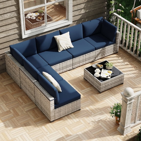 KIGOTY 7 Piece Outdoor Patio Furniture, Wicker Rattan Outdoor Conversation Set Sectional Sofas for Backyard, Garden, Gray-white Navy blue