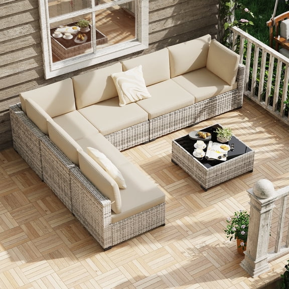 KIGOTY 7 Piece Outdoor Patio Furniture, Wicker Rattan Outdoor Conversation Set Sectional Sofas for Backyard, Garden, Grayish-White Beige