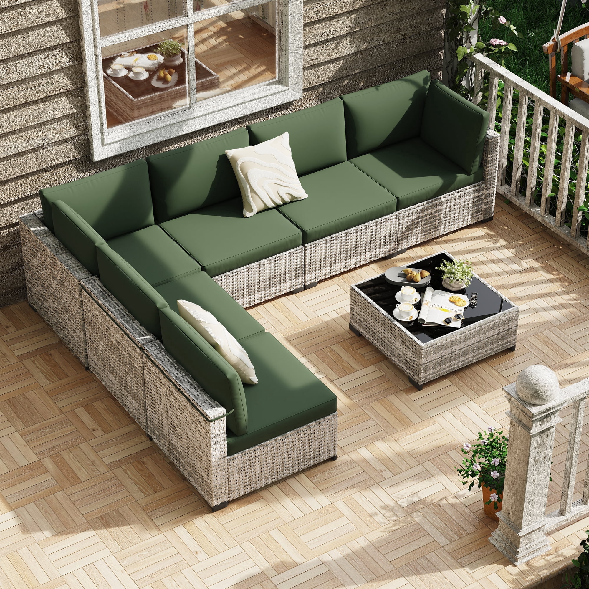 KIGOTY 7 Piece Outdoor Patio Furniture, Wicker Rattan Outdoor Conversation Set Sectional Sofas for Backyard, Garden,Grayish-White Dark Green