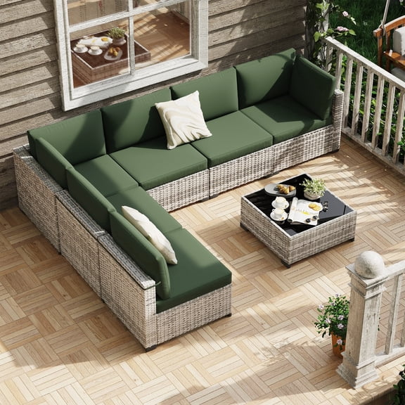 KIGOTY 7 Piece Outdoor Patio Furniture, Wicker Rattan Outdoor Conversation Set Sectional Sofas for Backyard, Garden,Grayish-White Dark Green