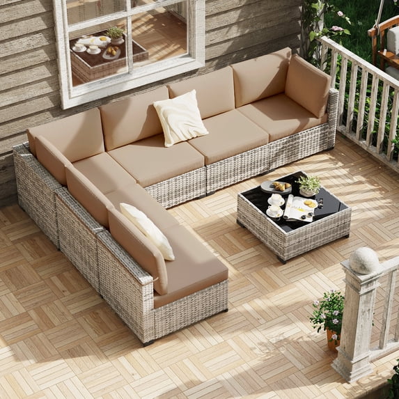 KIGOTY 7 Piece Outdoor Patio Furniture, Wicker Rattan Outdoor Conversation Set Sectional Sofas for Backyard, Garden, Grayish-white Camel