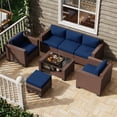 thumbnail image 1 of KIGOTY 7 Piece Patio Conversation Sets,PE Rattan Outdoor Patio Furniture Set with Cushion and 2- Tier Glass Coffee Table,BR-Navy, 1 of 2