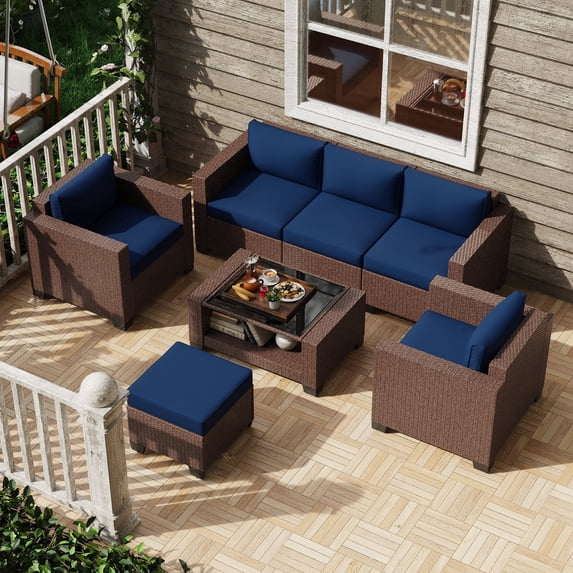 KIGOTY 7 Piece Patio Conversation Sets,PE Rattan Outdoor Patio Furniture Set with Cushion and 2- Tier Glass Coffee Table,BR-Navy