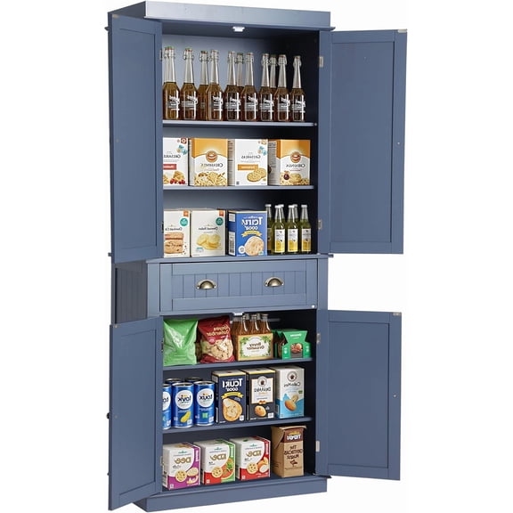 KIGOTY 72" Tall Kitchen Pantry Cabinet with Drawer and 4 Adjustable Shelves, Freestanding Pantry Storage Cabinets, Wood Cupboard Pantry Cabinet for Kitchen, Dining Room, Living Room, Greyish Blue