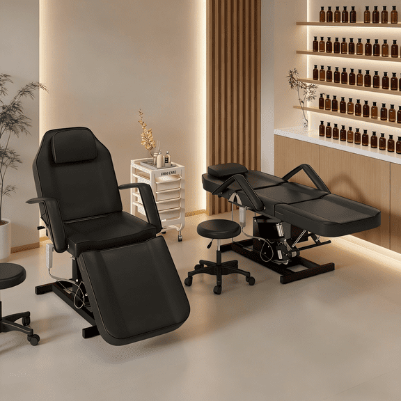 KIGOTY Adjustable Leather Massage Table with Hydraulic Stool and Towel Hook, 72L, Black