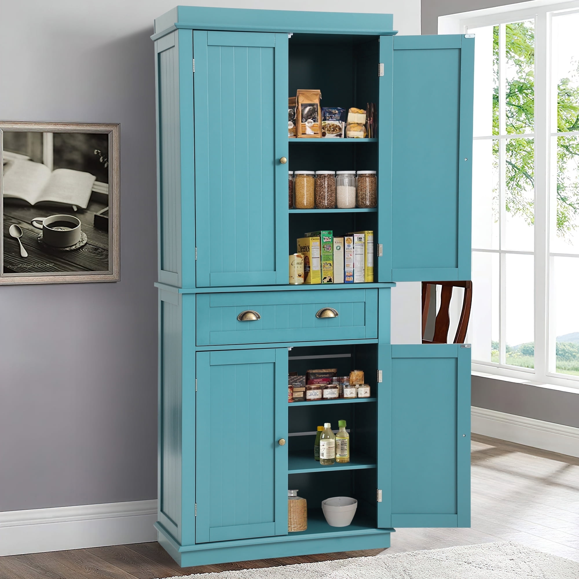 KIGOTY Blue Kitchen Pantry Cabinet Freestanding Cupboard with 2 Cabinets, Drawer and Adjustable Shelves for Kitchen ,Dinging Room