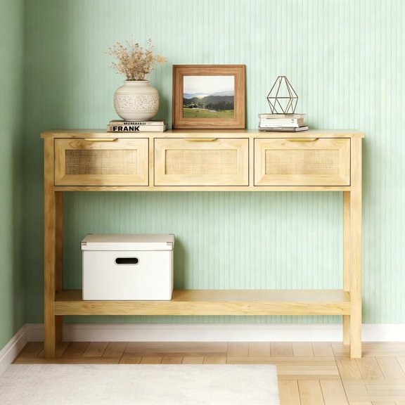 KIGOTY Console Table with Charging Station, Rattan Style Sofa Table Behind The Couch, Farmhouse Entryway Table with 3 Drawers for Hallway, Living Room (Light Yellow, Faux Rattan)