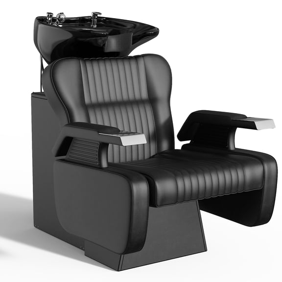KIGOTY Backwash Shampoo Station Chair with Deep Tilting Porcelain Bowl, Extra-Wide Shampoo Station Chair for Salon, Adjustable Porcelain Ceramic Hair Washing Unit Station with Sink, Black