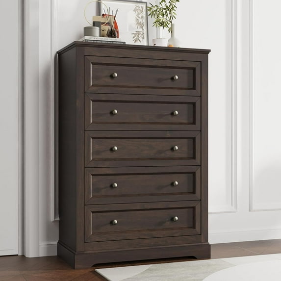 KIGOTY Dresser for Bedroom with 5 Drawers, Tall Wood Chest of Drawers, 5 Drawer Dresser Cabinets, Farmhouse Closet Clothes Organizer, Storage Cabinet with Metal Handles for Living Room (Brown)