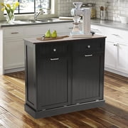 KIGOTY Dual Kitchen Trash Cabinet, Double Tilt Out Trash Can Cabinet with Countertop and Drawer, Free-Standing Pet Proof Recycling Cabinet Garbage Can Holder Black