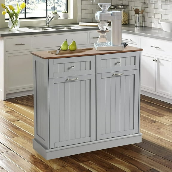 KIGOTY Dual Kitchen Trash Cabinet, Double Tilt Out Trash Can Cabinet with Countertop and Drawer, Free-Standing Pet Proof Recycling Cabinet Garbage Can Holder (Grey)