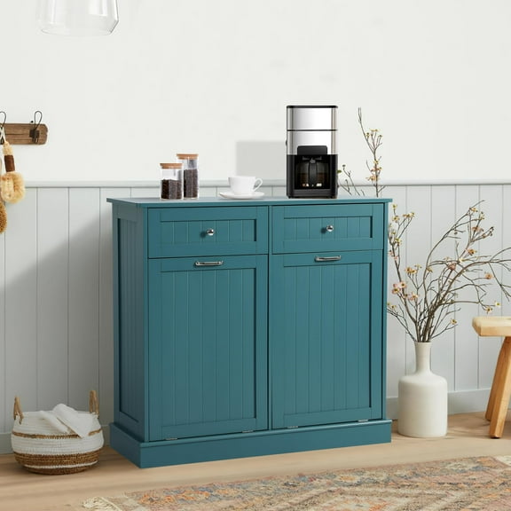 KIGOTY Dual Kitchen Trash Cabinet, Double Tilt Out Trash Can Cabinet with Countertop and Drawer, Free-Standing Pet Proof Recycling Cabinet Garbage Can Holder (Lake Blue)