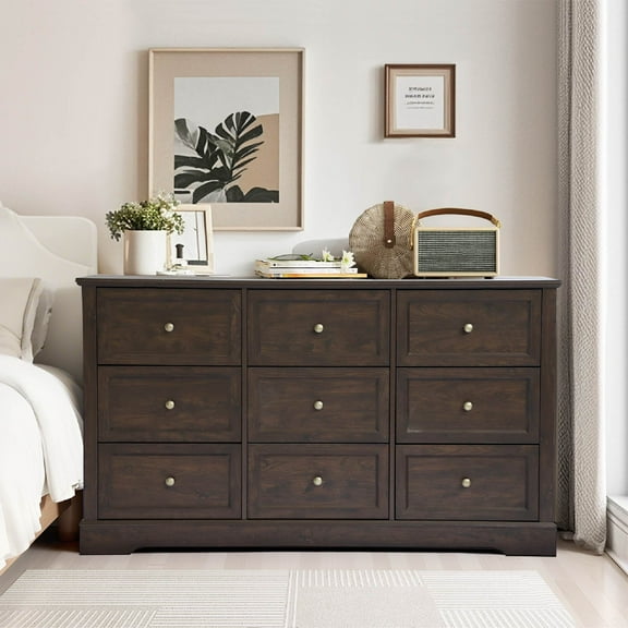 KIGOTY Farmhouse 9 Drawers Dresser,Storage Dressers Organizer for Bedroom, Brown