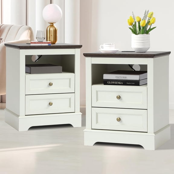 KIGOTY Farmhouse Nightstand with Charging Station, Bedside Table with 2 Drawer,Open Compartment, Side Table with Storage, End Table for Bedroom (White-Brown, 2 Pack)