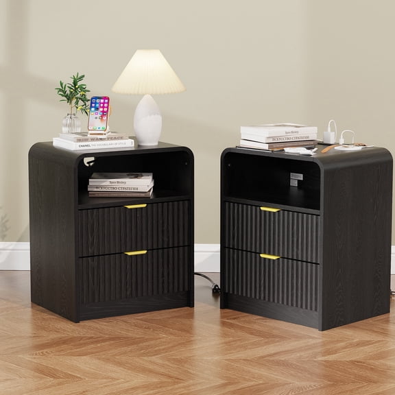 KIGOTY Farmhouse Nightstand Set of 2 with Charging Station, Night Stand Bedside Table with 2 Drawers,End Side Table with Open Shelf for Bed Room (Black, 2 Pack)