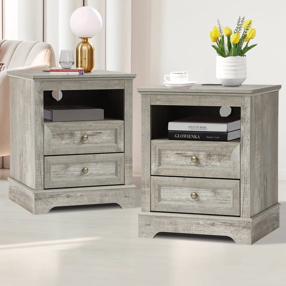 KIGOTY Farmhouse Nightstand Set of 2 with Charging Station, Night Stand Bedside Table with 2 Drawers,End Side Table with Open Shelf for Bed Room(Grey, 2 Pack)