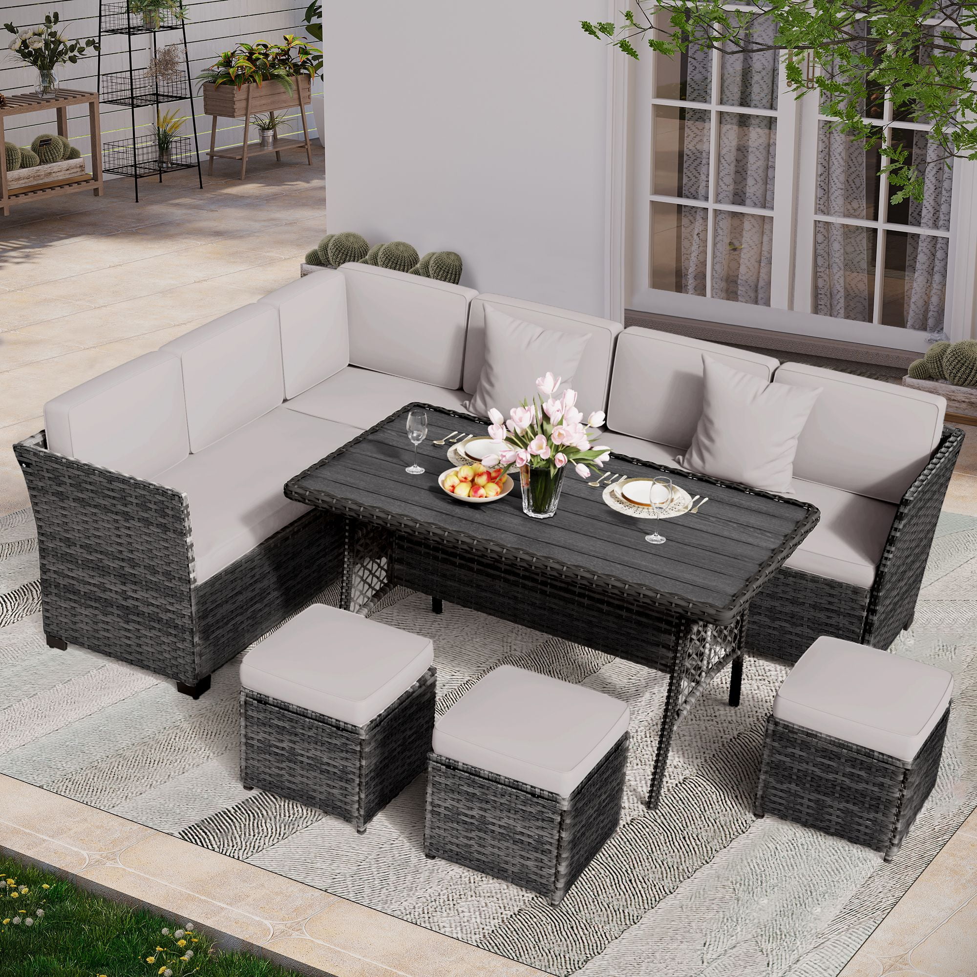 KIGOTY Iron Woven Rattan 7 Piece, All Weather Wicker Outdoor Parlor Set ...