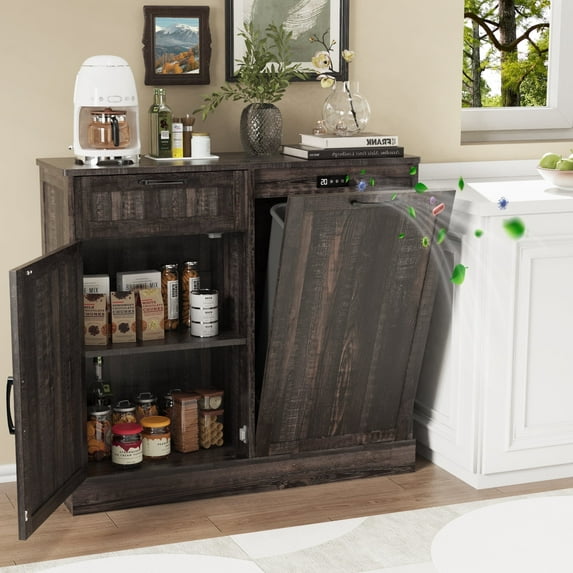 KIGOTY Kitchen Tilt-Out Trash Cabinet, Pet Proof Wood Trash Cans for Dining Room,Living Room, Black