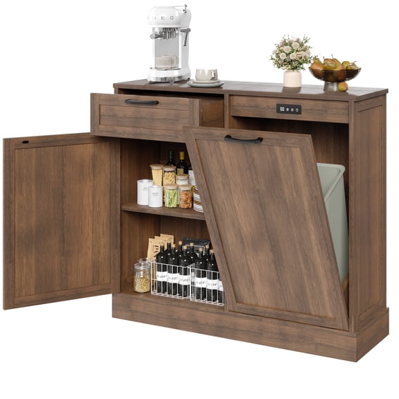 KIGOTY Kitchen Tilt-Out Trash Cabinet, Pet Proof Wood Trash Cans for Dining Room,Living Room, Brown