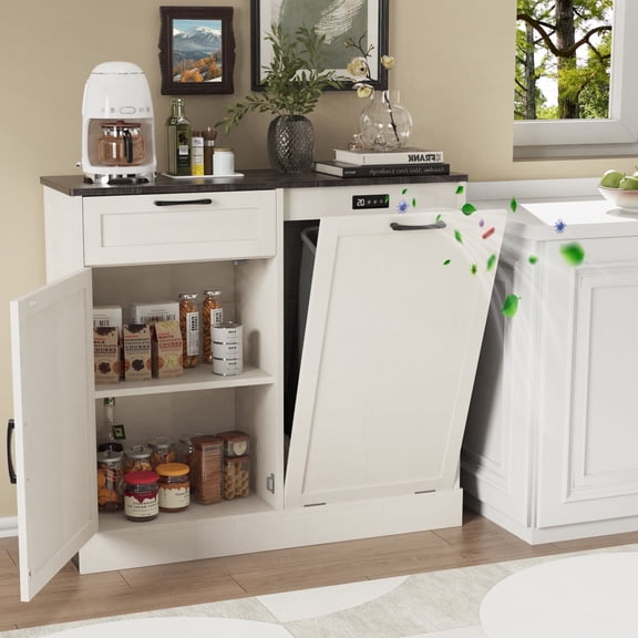 KIGOTY Kitchen Tilt-Out Trash Cabinet, Pet Proof Wood Trash Cans for Dining Room,Living Room, White
