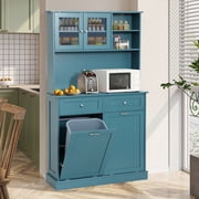 KIGOTY Kitchen Trash Cabinet, Double Tilt Out Trash Can Cabinet with Countertop and Drawer, Free-Standing Pet Proof Recycling Cabinet Garbage Can Holder 67"H,Blue