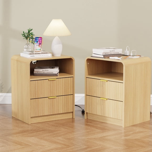KIGOTY Modern Fluted Nightstand Set of 2 with Charging Station, Night Stand Bedside Table with 2 Drawers,End Side Table with Open Shelf for Bed Room (Yellow, 2 Pack)