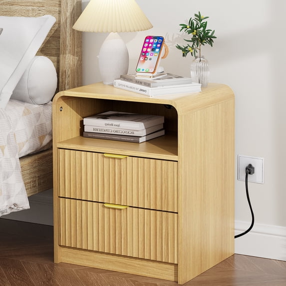 KIGOTY Modern Fluted Nightstand Set of 2 with Charging Station, Night Stand Bedside Table with 2 Drawers,End Side Table with Open Shelf for Bed Room (Yellow, 2 Pack)