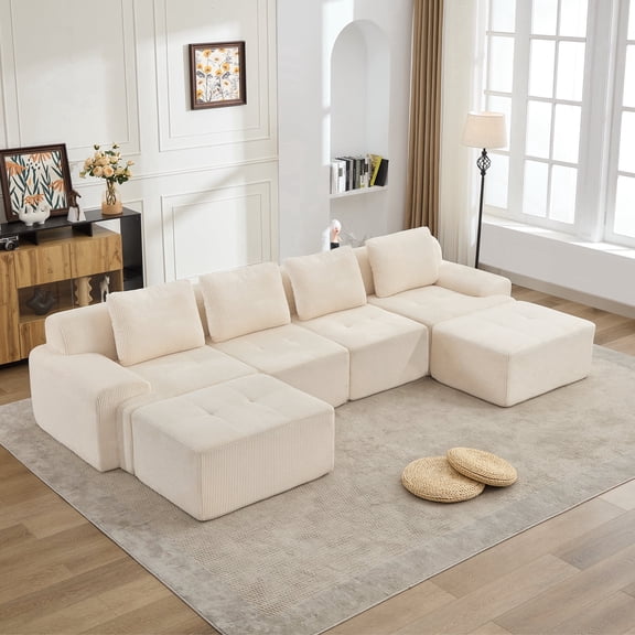 KIGOTY Modular Sectional Sofa,Modular Cloud Couch Sofa with Deep Seat and Detachable Pillow for Living Room,6 Piece),White