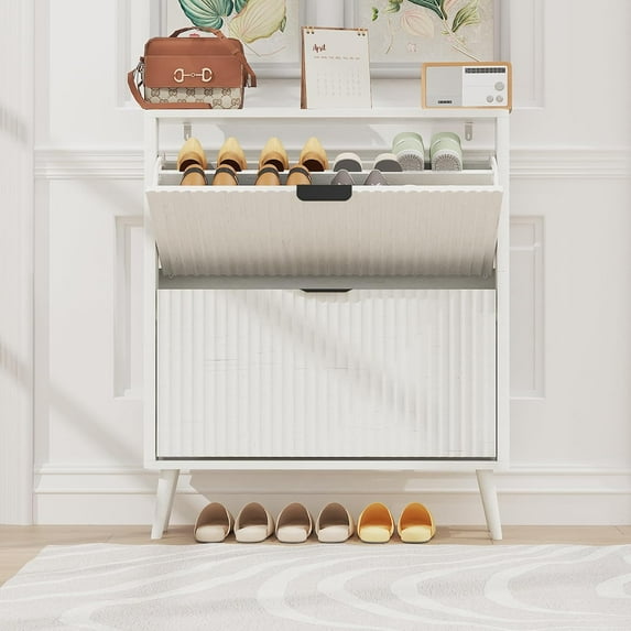 KIGOTY Narrow Shoe Storage Cabinet, Fluted Slim Shoe Cabinet with 2 Flip Drawers, Freestanding Wooden Shoe Organizer with Legs for Entryway, Shoe Rack Cabinet for Foyer(White-Black)