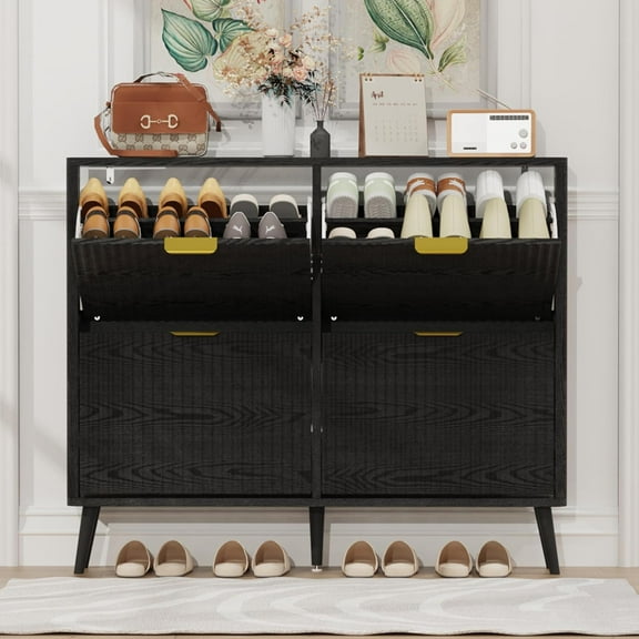 KIGOTY Narrow Shoe Storage Cabinet, Fluted Slim Shoe Cabinet with 4 Flip Drawers, Freestanding Shoe Organizer with Legs for Entryway, Wooden Shoe Rack Cabinet for Foyer (Black-Gold)